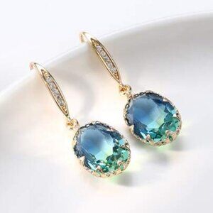 Blue-Green Gradient Crystal in Gold Drop Earrings